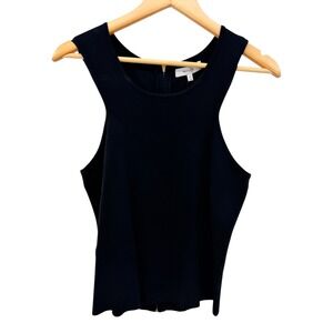 Milly Angled Rib Stretch Flare Shell Black Sleeveless Zip Back Knit Top NWT L